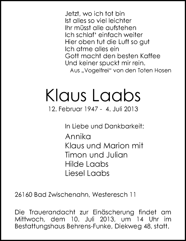  Traueranzeige für Klaus Laabs vom 08.07.2013 aus Nordwest-Zeitung