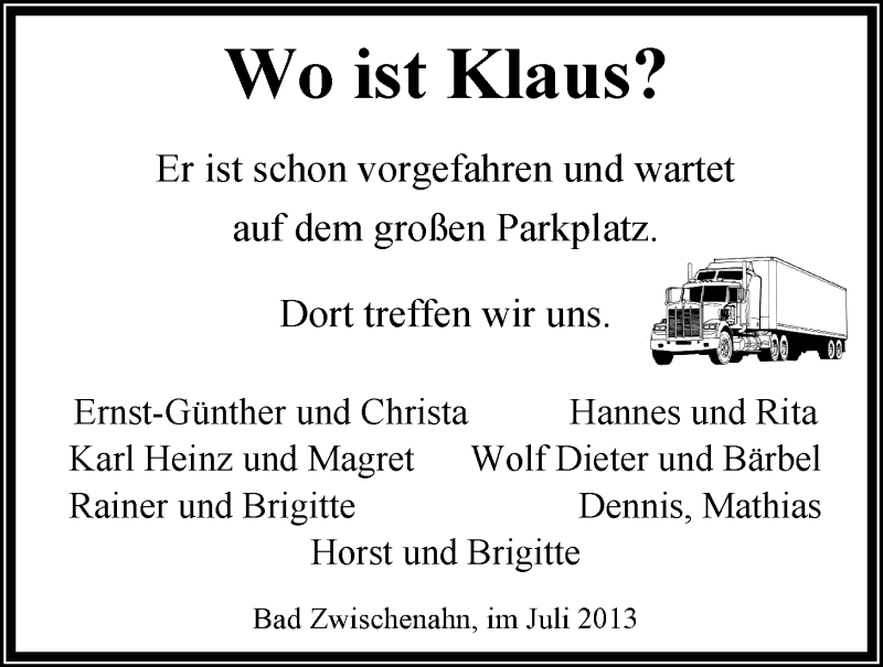  Traueranzeige für Klaus Laabs vom 10.07.2013 aus Nordwest-Zeitung