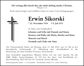 Traueranzeige von Erwin Sikorski von Nordwest-Zeitung