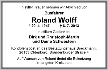 Traueranzeige von Roland Wolff von Nordwest-Zeitung