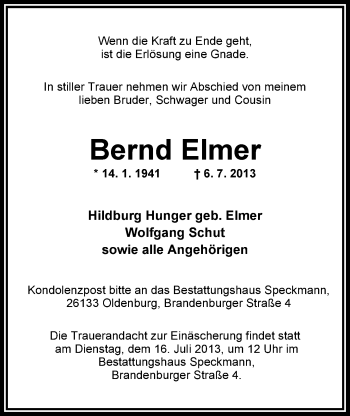 Traueranzeige von Bernd Elmer von Nordwest-Zeitung