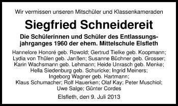 Traueranzeige von Siegfried Schneidereit von Nordwest-Zeitung