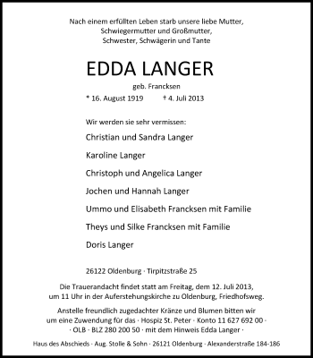 Traueranzeige von Edda Langer von Nordwest-Zeitung