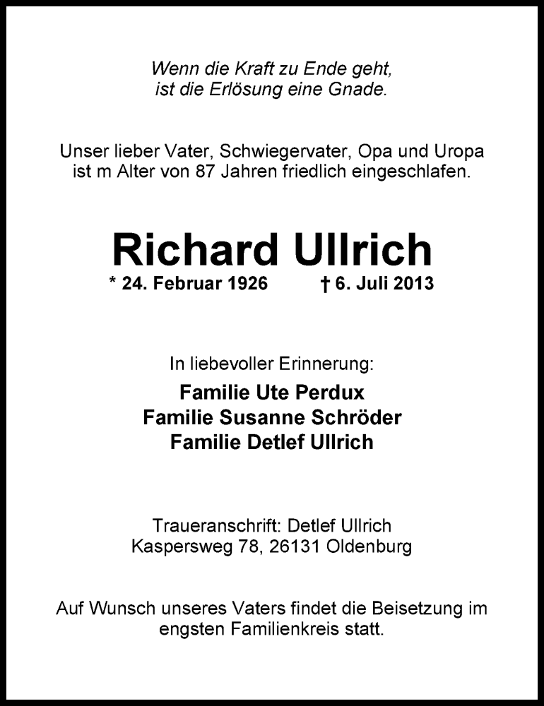  Traueranzeige für Richard Ullrich vom 11.07.2013 aus Nordwest-Zeitung