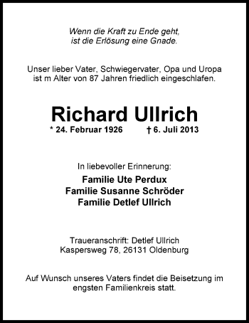 Traueranzeige von Richard Ullrich von Nordwest-Zeitung