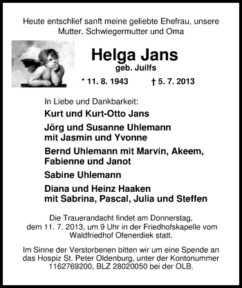 Traueranzeige von Helga Jans von Nordwest-Zeitung