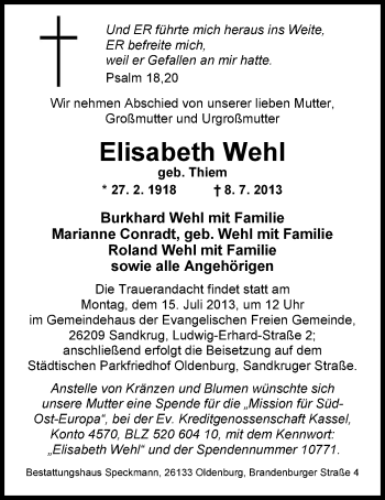 Traueranzeige von Elisabeth Wehl von Nordwest-Zeitung