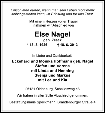 Traueranzeige von Else Nagel von Nordwest-Zeitung