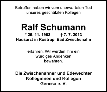 Traueranzeige von Ralf Schumann von Nordwest-Zeitung