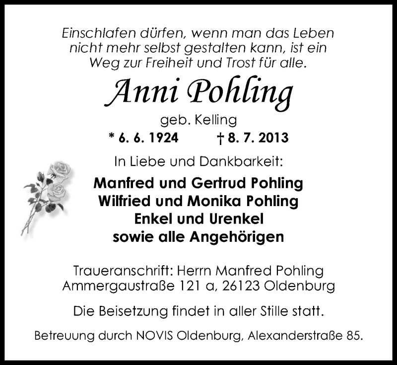  Traueranzeige für Anni Pohling vom 13.07.2013 aus Nordwest Zeitung