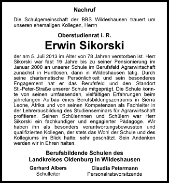 Traueranzeige von Erwin Sikorski von Nordwest-Zeitung