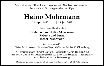 Traueranzeige von Heino Mohrmann von Nordwest-Zeitung