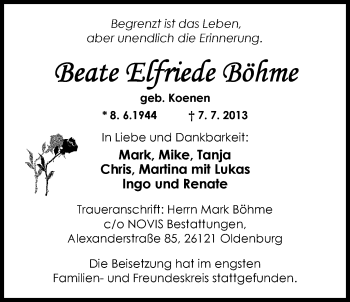 Traueranzeige von Beate Elfriede Böhme von Nordwest-Zeitung