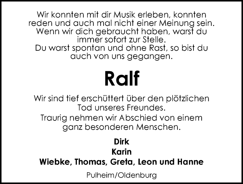  Traueranzeige für Ralf Schumann vom 16.07.2013 aus Nordwest-Zeitung