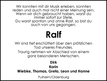 Traueranzeige von Ralf Schumann von Nordwest-Zeitung
