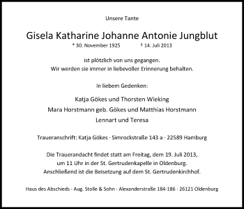 Traueranzeige von Gisela Katharine Johanne Antonie Jungblut von Nordwest-Zeitung