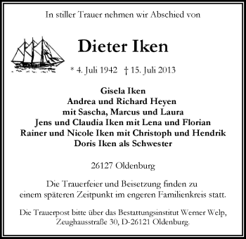 Traueranzeige von Dieter Iken von Nordwest-Zeitung