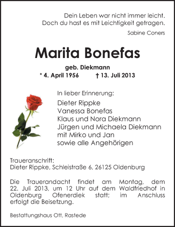 Traueranzeige von Marita Bonefas von Nordwest-Zeitung
