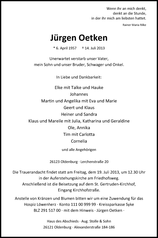  Traueranzeige für Jürgen Oetken vom 17.07.2013 aus Nordwest-Zeitung