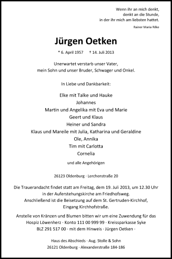 Traueranzeige von Jürgen Oetken von Nordwest-Zeitung