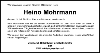 Traueranzeige von Heino Mohrmann von Nordwest-Zeitung