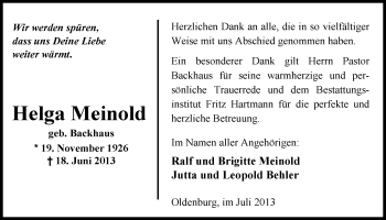 Traueranzeige von Helga Meinold von Nordwest-Zeitung