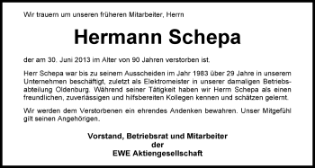 Traueranzeige von Hermann Schepa von Nordwest-Zeitung