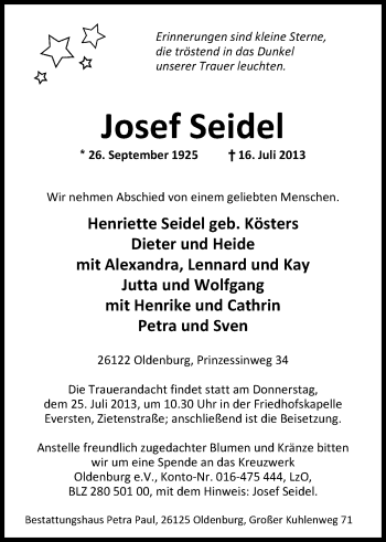 Traueranzeige von Josef Seidel von Nordwest-Zeitung