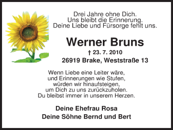Traueranzeige von Werner Bruns von Nordwest-Zeitung