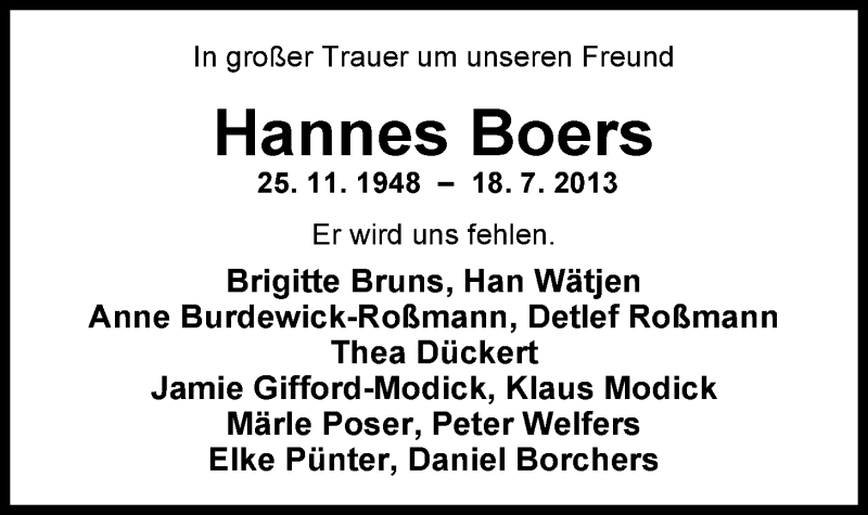  Traueranzeige für Johannes Boers vom 20.07.2013 aus Nordwest-Zeitung