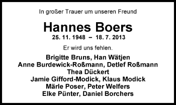 Traueranzeige von Johannes Boers von Nordwest-Zeitung
