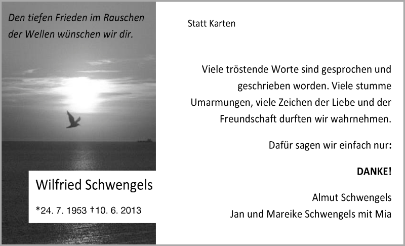  Traueranzeige für Wilfried Schwengels vom 20.07.2013 aus Nordwest-Zeitung