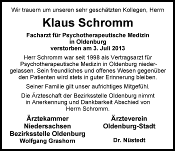 Traueranzeige von Klaus Schromm von Nordwest-Zeitung