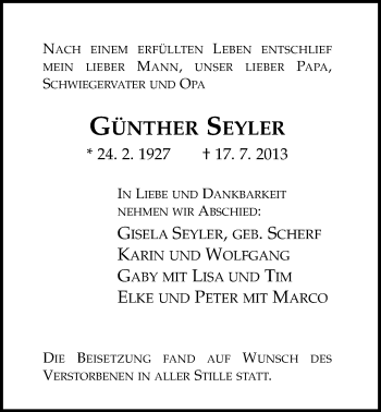Traueranzeige von Günther Seyler von Nordwest-Zeitung