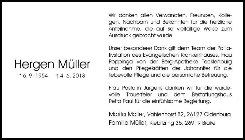  Traueranzeige für Hergen Müller vom 26.07.2013 aus Nordwest-Zeitung