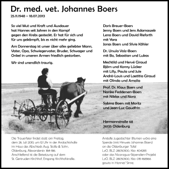 Traueranzeige von Johannes Boers von Nordwest-Zeitung