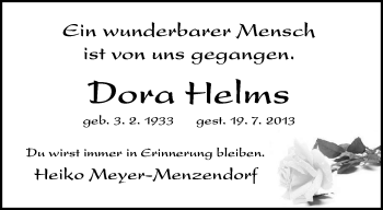 Traueranzeige von Dora Helms von Nordwest-Zeitung