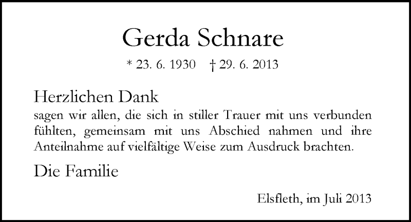  Traueranzeige für Gerda Schnare vom 23.07.2013 aus Nordwest-Zeitung