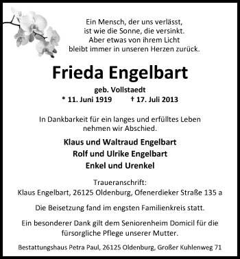 Traueranzeige von Frieda Engelbart von Nordwest-Zeitung