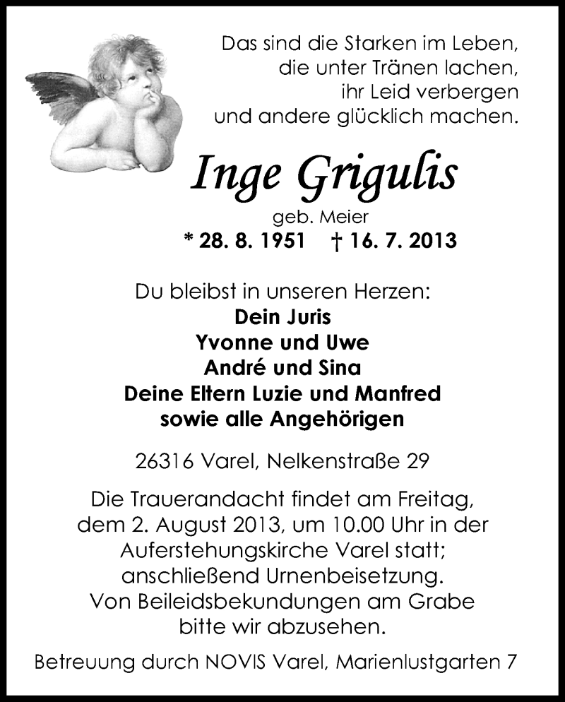  Traueranzeige für Inge Grigulis vom 30.07.2013 aus Nordwest-Zeitung