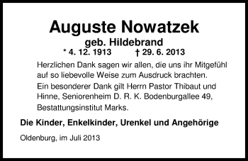 Traueranzeige von Auguste Nowatzek von Nordwest-Zeitung