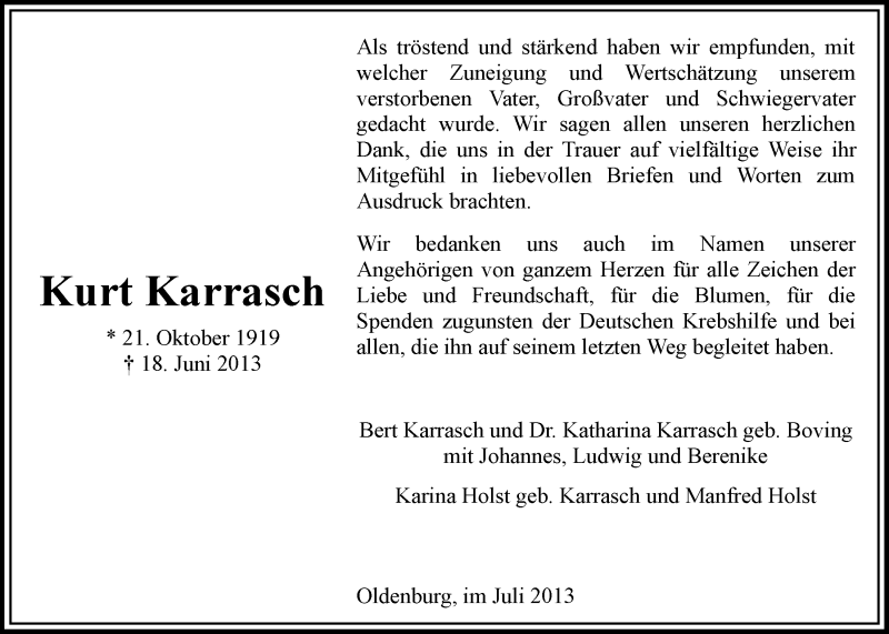  Traueranzeige für Kurt Karrasch vom 23.07.2013 aus Nordwest-Zeitung
