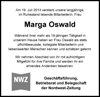 Traueranzeige von Marga Oswald von Nordwest-Zeitung