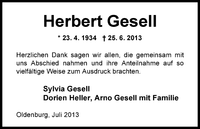  Traueranzeige für Herbert Gesell vom 27.07.2013 aus Nordwest-Zeitung