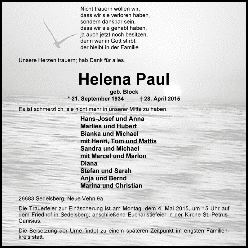  Traueranzeige für Helena Paul vom 30.04.2015 aus Nordwest-Zeitung