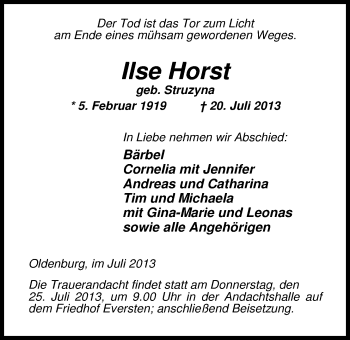 Traueranzeige von Ilse Horst von Nordwest-Zeitung