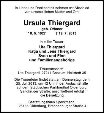 Traueranzeige von Ursula Thiergard von Nordwest-Zeitung