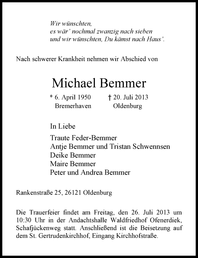  Traueranzeige für Michael Bemmer vom 24.07.2013 aus Nordwest-Zeitung