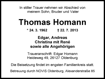 Traueranzeige von Thomas Homann von Nordwest-Zeitung