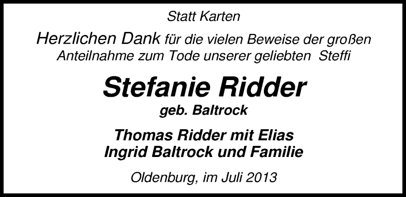  Traueranzeige für Stefanie Ridder vom 27.07.2013 aus Nordwest-Zeitung